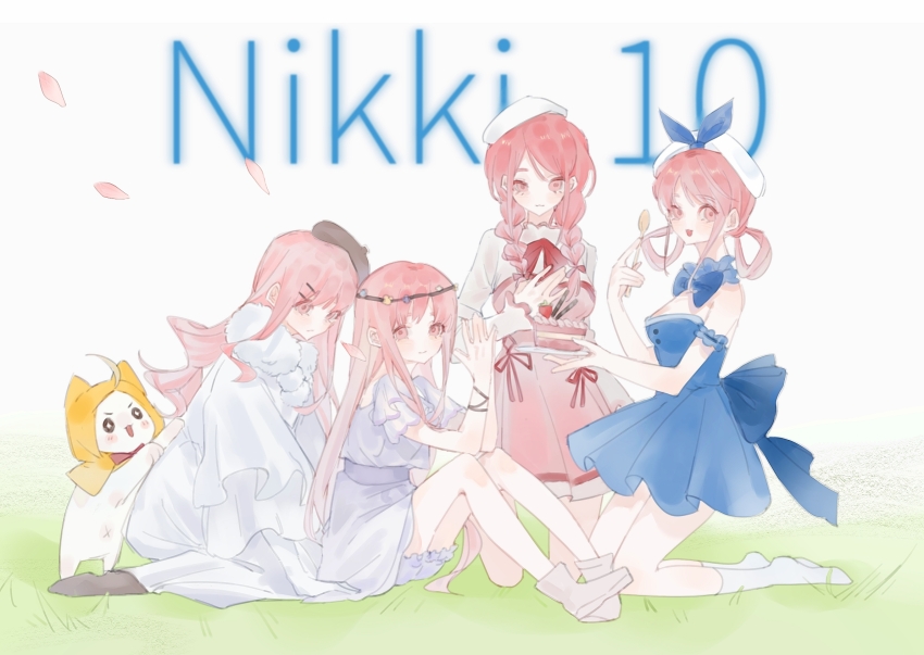 +_+ 4girls animal anklet anniversary back_bow bare_legs bare_shoulders beret bloomers blue_bow blue_bowtie blue_choker blue_dress blue_sleeves boots bow bow_choker bowtie braid brown_eyes brown_footwear brown_hat bubbly_voyage_(infinity_nikki) buttons cake cat choker cinnamon_stick cloak closed_mouth clothed_animal collared_shirt copyright_name detached_sleeves dress dress_ribbon ear_covers elbows_on_knees eyelashes food frilled_choker frilled_sleeves frills fruit full_body fur_scarf grey_footwear guojiu094 hair_bow hair_ornament hair_over_shoulder hair_rings hairclip hat hat_bow head_wreath high_collar highres holding holding_plate holding_spoon hood hood_up hooded_cloak infinity_nikki jewelry kneehighs knees_up light_blush long_hair long_sleeves looking_at_another low_twin_braids miracle_nikki momo_(nikki) multiple_girls nikki_(nikki) nikki_(series) nikki_up2u2:_world_traveller on_grass open_mouth own_hands_together pants petals pink_dress pink_eyes pink_hair plate pleated_dress pom_pom_(clothes) purple_bloomers purple_dress red_bow red_bowtie red_ribbon ribbon scarf shining_nikki shirt shoes short_dress short_sleeves sidelocks sitting sleeves_past_wrists smile socks spoon strapless strapless_dress strawberry time_paradox twin_braids underwear very_long_hair wavy_hair white_background white_cat white_cloak white_hat white_pants white_scarf white_shirt white_socks yellow_cloak