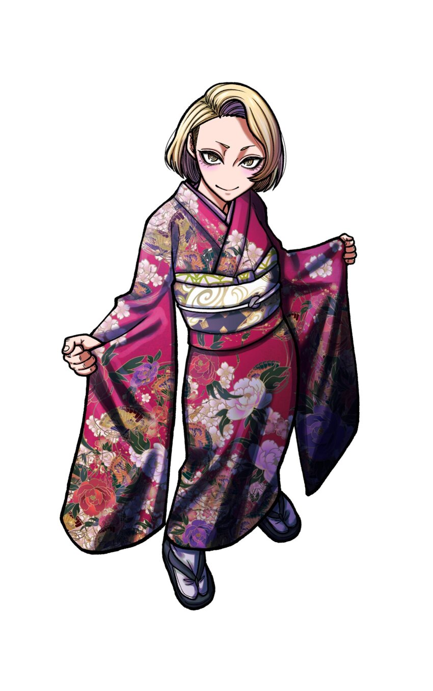 1girl blonde_hair breasts clenched_hands closed_mouth curtained_hair eyeshadow floral_print floral_print_kimono full_body hands_up highres japanese_clothes kimono long_sleeves looking_at_viewer makeup obi official_art parted_bangs print_kimono sash sazanami_kuina short_hair simple_background smile socks solo standing tougen_anki tsurime urushibara_yura v-shaped_eyebrows white_background white_socks wide_sleeves yellow_eyes