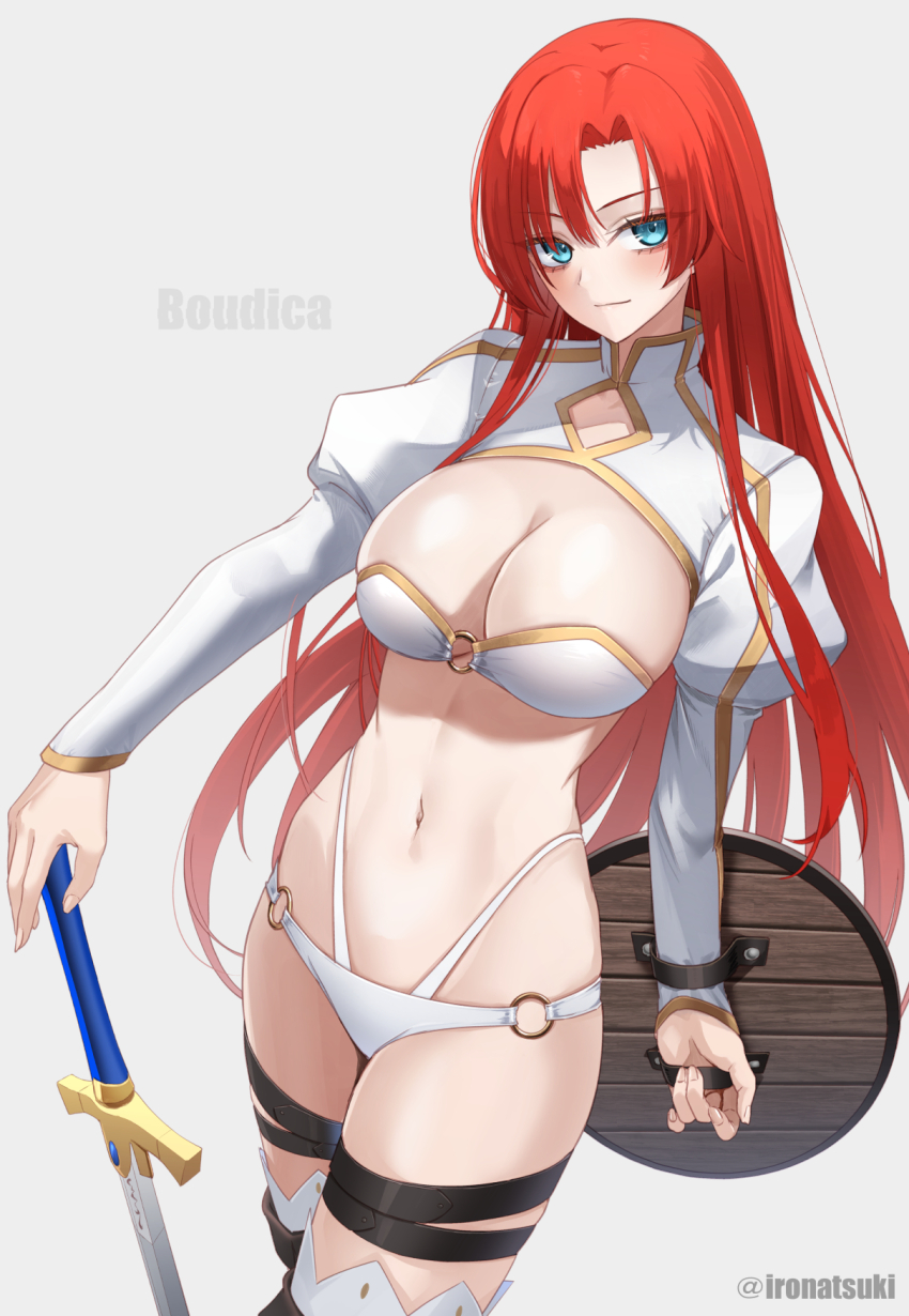 1girl artist_name bikini blue_eyes blush boudica_(fate) breasts character_name cleavage closed_mouth commentary_request fate/grand_order fate_(series) fingernails hair_down highres holding holding_sword holding_weapon ironatsuki juliet_sleeves large_breasts long_hair long_sleeves looking_at_viewer midriff navel o-ring o-ring_bottom o-ring_top puffy_sleeves red_hair shield shrug_(clothing) smile solo stomach swimsuit sword thigh_strap thighs weapon white_bikini wooden_shield