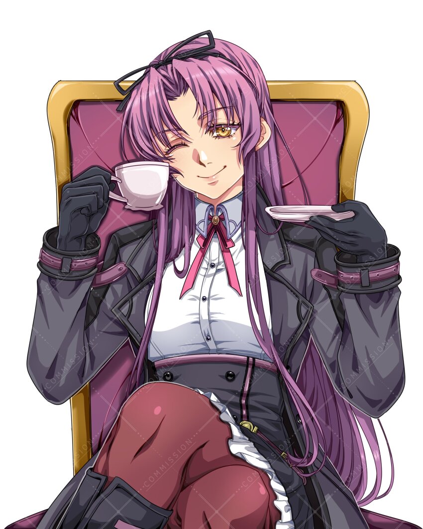 1girl absurdres bolo_tie bow chair commentary commission cup curtained_hair eiyuu_densetsu english_commentary hair_bow head_tilt highres holding holding_cup holding_plate kuro_no_kiseki kuro_no_kiseki_(series) kuro_no_kiseki_ii looking_at_viewer one_eye_closed parted_bangs plate renne_(eiyuu_densetsu) simple_background sitting smile solo teacup thighhighs upper_body watermark watermark_grid white_background yellow_eyes yuzukiyo