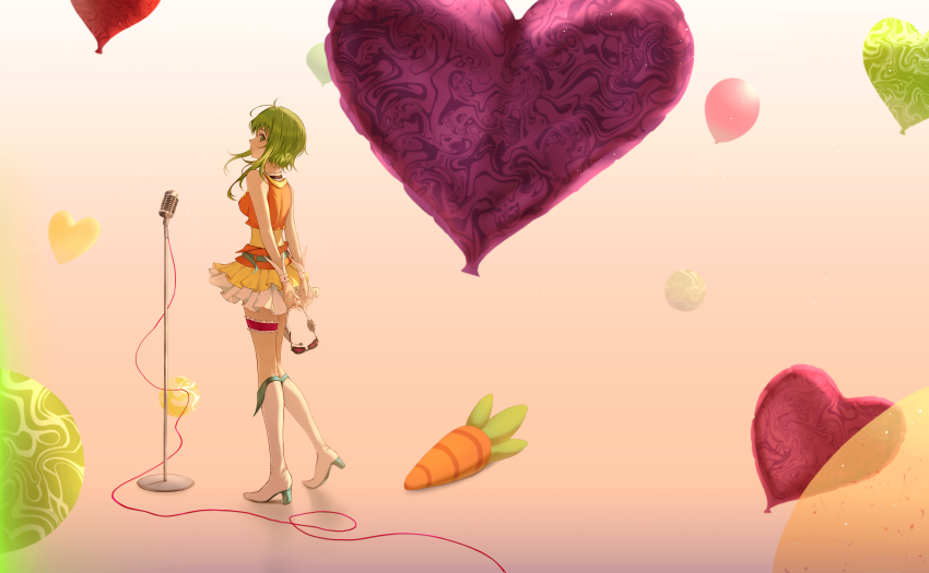 1girl absurdres antenna_hair arms_behind_back balloon bare_arms bare_shoulders belt boots closed_mouth commentary_request dress from_behind full_body goggles gradient_background green_boots green_eyes green_hair gumi heart_balloon highres holding holding_goggles knee_boots knees_together_feet_apart looking_at_viewer looking_back microphone_stand multicolored_boots orange_background orange_belt orange_vest profile red_goggles roncle_(roncle1) short_hair_with_long_locks simple_background skirt solo standing thigh_strap two-tone_boots unworn_goggles vest vocaloid white_background white_boots white_skirt white_wrist_cuffs wrist_cuffs yellow_dress