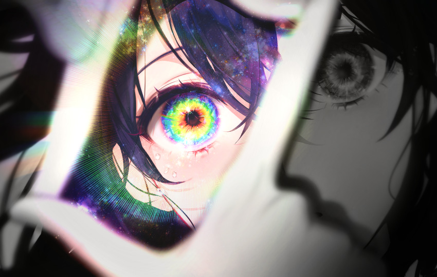1girl 58_(opal_00_58) blue_hair blurry blurry_foreground close-up commentary english_commentary expressionless eye_focus finger_frame finger_frame_over_eye highres looking_at_viewer looking_through_fingers multicolored_eyes original rainbow_eyes