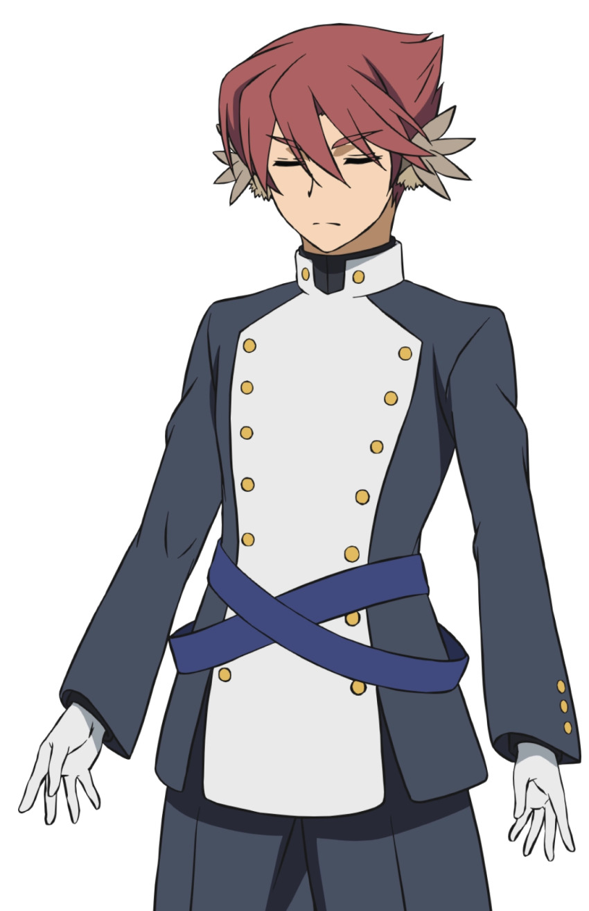 1boy animal_ears aquaplus closed_eyes closed_mouth cowboy_shot gloves hair_between_eyes highres long_sleeves nakata_masahiko official_art ougi pants red_hair short_hair solo standing transparent_background utawarerumono utawarerumono:_futari_no_hakuoro utawarerumono:_itsuwari_no_kamen white_fox_(company) white_gloves
