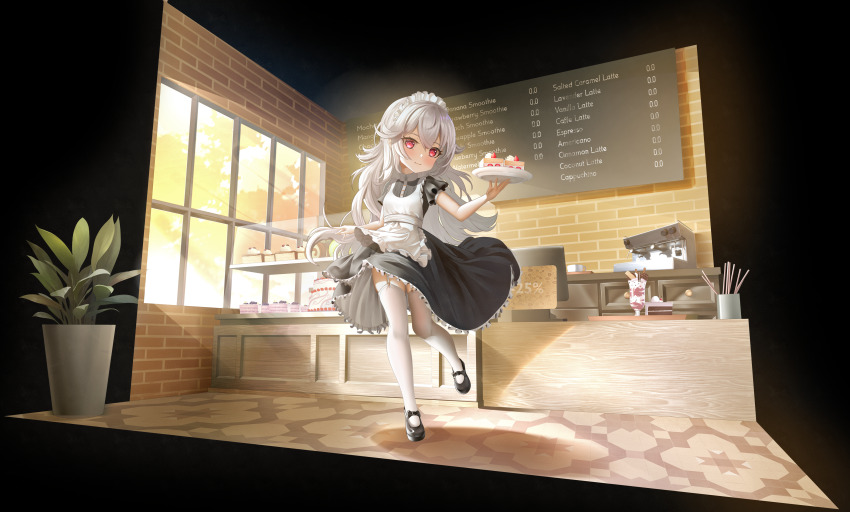 1girl absurdres alternate_costume apron azur_lane black_dress black_shoes blueberry_tart brick_wall buttons cafe cake cake_slice cash_register chocolate_cake coffee_mug commentary commission counter cup day dessert display_case dress english_commentary enmaided espresso_machine food frilled_apron frills fruit_tart full_body garter_straps highres holding holding_food holding_plate ice_cream indoors iron_blood_(emblem) long_hair maid maid_apron maid_cafe maid_headdress mary_janes menu menu_board mug plant plate potted_plant proxyl puffy_short_sleeves puffy_sleeves shoes short_sleeves skindentation smile solo strawberry_shortcake sundae sunlight swiss_roll tart_(food) tart_slice thighhighs very_long_hair waitress white_apron white_hair window zeppy_(azur_lane)