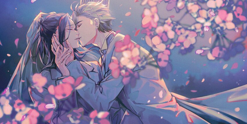 2boys aladdin_(sinoalice) alternate_costume beard black_hair blonde_hair bridal_veil cherry_blossoms closed_eyes collared_shirt commission couple coxxco12 crown earrings facial_hair flower formal_clothes glasses hair_bun hameln_(sinoalice) hand_on_another&#039;s_face highres holding_hands imminent_kiss jewelry looking_at_another male_focus medium_hair multicolored_hair multiple_boys pink-framed_eyewear pink_flower pink_petals ponytail reality_arc_(sinoalice) second-party_source shirt single_hair_bun single_sidelock sinoalice skeb_commission two-tone_hair veil wedding yaoi