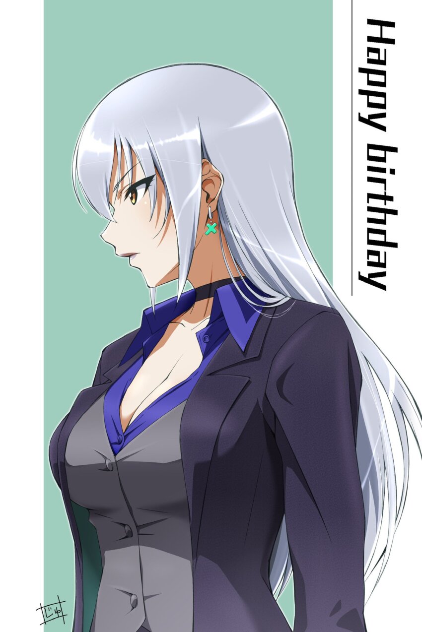 1girl arms_at_sides artist_name birthday black_choker black_coat blue_shirt blue_undershirt breasts brown_eyes choker cleavage closed_mouth coat collarbone collared_coat collared_shirt commentary_request dress_shirt earrings english_text eyelashes from_side green_background grey_hair grey_lips grey_vest happy_birthday highres idolmaster idolmaster_cinderella_girls jewelry large_breasts lipstick long_hair long_sleeves makeup open_clothes open_coat shirt sidelocks signature solo standing straight_hair takamine_noa uchimura_p undershirt upper_body vest