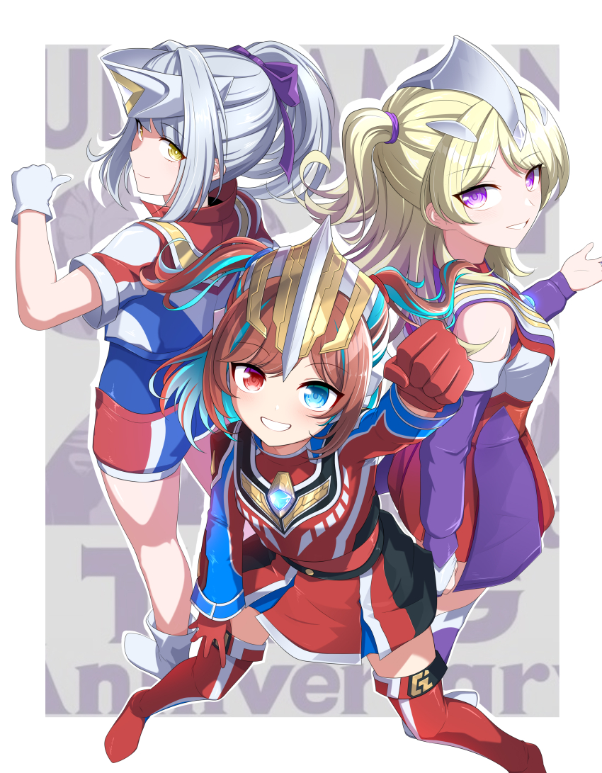 3girls absurdres arm_up armor bare_legs blonde_hair blue_eyes blue_shirt blue_shorts blue_streaks blush boots border breastplate collared_shirt color_timer commentary detached_sleeves dorsal_fin dress flash_type_(ultra_series) foot_out_of_frame forehead_jewel genderswap genderswap_(mtf) ginga_no_kou gloves grey_background grey_hair grin hair_ornament hair_ribbon hairclip hand_up headgear heterochromia highres humanization legs_apart long_hair long_sleeves looking_at_viewer looking_back multi_type_(ultra_series) multicolored_dress multicolored_hair multicolored_shirt multicolored_shorts multicolored_skirt multiple_girls pleated_skirt ponytail purple_dress purple_eyes purple_ribbon raised_fist red_dress red_eyes red_gloves red_hair red_shirt red_shorts red_skirt ribbon shirt short_dress short_shorts short_sleeves short_twintails shorts silver_footwear silver_gloves silver_shorts silver_trim skirt smile standing streaked_hair thigh_boots thumbs_up tokusatsu twintails ultra_series ultraman_dyna ultraman_dyna_(flash_type) ultraman_dyna_(series) ultraman_gaia ultraman_gaia_(series) ultraman_gaia_(super_supreme_version) ultraman_tiga ultraman_tiga_(multi_type) ultraman_tiga_(series) white_border wide_sleeves yellow_eyes