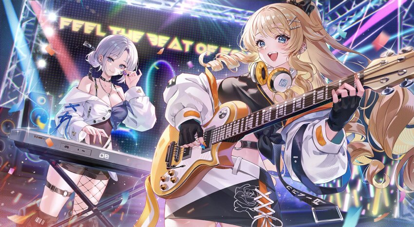 2girls alternate_costume bare_shoulders black_choker black_shirt black_shorts blonde_hair blue_eyes breasts character_request choker cleavage closed_mouth commission crop_top drill_hair electric_guitar genshin_impact guitar hand_up headphones headphones_around_neck holding holding_instrument instrument jacket jewelry keyboard_(instrument) large_breasts long_hair long_sleeves looking_at_viewer midriff miniskirt mrr_05 multiple_girls navia_(genshin_impact) necklace off_shoulder open_clothes open_jacket open_mouth parted_bangs ponytail shirt short_shorts shorts side-tie_shirt skirt smile spaghetti_strap very_long_hair white_hair white_jacket