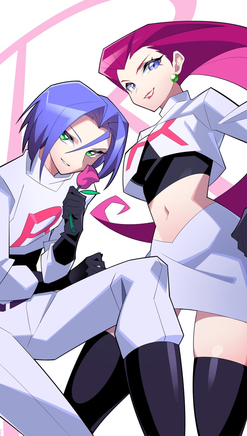1boy 1girl absurdres blue_eyes blue_hair earrings flower green_eyes highres holding holding_flower james_(pokemon) jessie_(pokemon) jewelry lipstick long_hair looking_at_viewer makeup midriff navel nintendo pants pokemon pokemon_(anime) purple_hair rose short_hair simple_background skirt smile team_rocket team_rocket_uniform thighhighs tlotro very_long_hair white_background