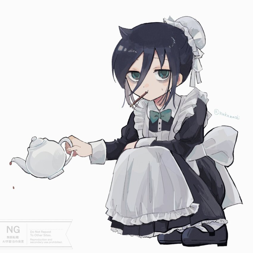 1girl alternate_costume alternate_hairstyle apron bags_under_eyes black_dress black_hair black_shoes bow bowtie commentary_request dress dripping enmaided food food_in_mouth frilled_apron frills full_body green_bow green_bowtie green_eyes hair_between_eyes hat highres holding holding_teapot kuroki_tomoko long_sleeves looking_at_viewer maid maid_apron mary_janes mob_cap mouth_hold nuka_(nukamochi) pocky pocky_in_mouth shoes short_hair sidelocks simple_background solo squatting teapot watashi_ga_motenai_no_wa_dou_kangaetemo_omaera_ga_warui! white_apron white_background white_hat