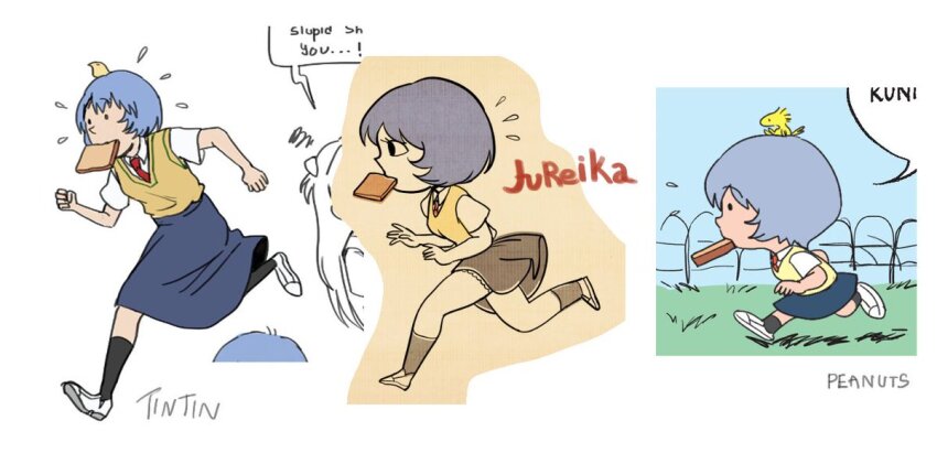 2girls animal animal_on_head ayanami_rei bird bird_on_head black_eyes black_skirt black_socks blue_hair blue_skirt blue_sky bread bread_slice breasts character_name collared_shirt copyright_name dress_shirt fence flying_sweatdrops food food_in_mouth grass jucika_(comic) kneehighs late_for_school lina_rei mouth_hold multiple_girls multiple_views necktie neon_genesis_evangelion nvi2762 on_head outdoors parody peanuts_(comic) red_necktie running scribble sepia shirt shoes short_hair skirt sky small_breasts socks solid_circle_eyes solo_focus souryuu_asuka_langley speech_bubble style_parody sweater_vest tintin toast toast_in_mouth white_footwear white_shirt yellow_bird yellow_sweater_vest
