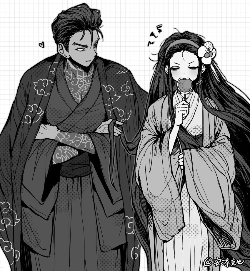 1boy 1girl aeng-du_(project_moon) anzekeye candy_apple coat coat_on_shoulders cowboy_shot crossed_arms flower food greyscale grid_background hair_flower hair_ornament hairband heart highres holding holding_food japanese_clothes jun_(project_moon) kimono limbus_company long_hair monochrome obi project_moon sash sidelocks very_long_hair wide_sleeves