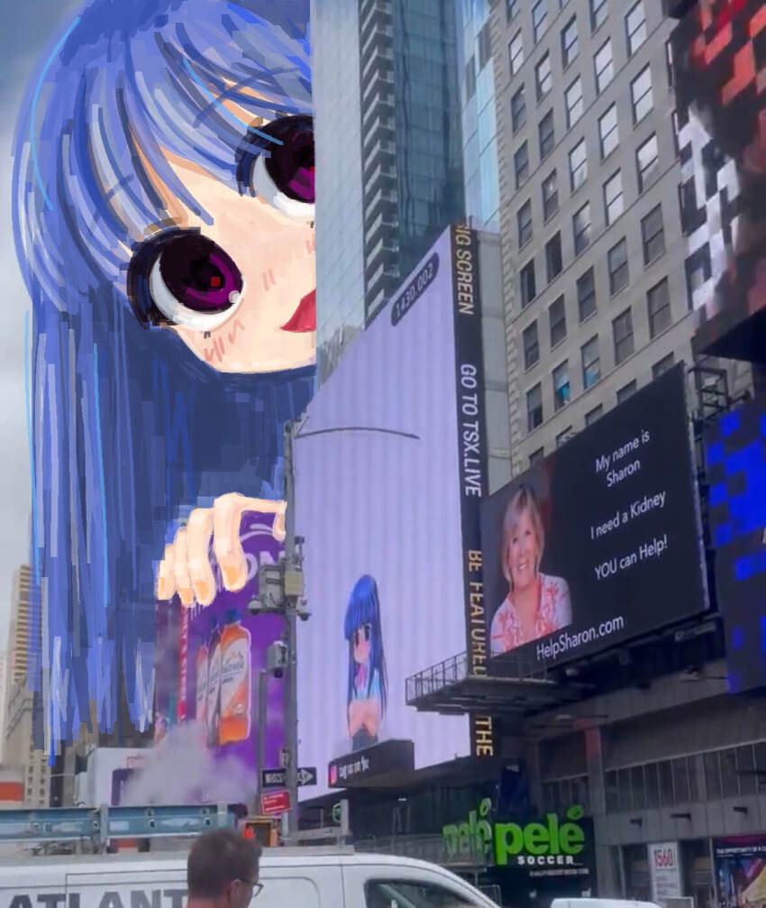 behind_cover blue_hair blush english_text furude_rika giant highres higurashi_no_naku_koro_ni peeking_out photo_(medium) postpeepo purple_eyes real_life times_square