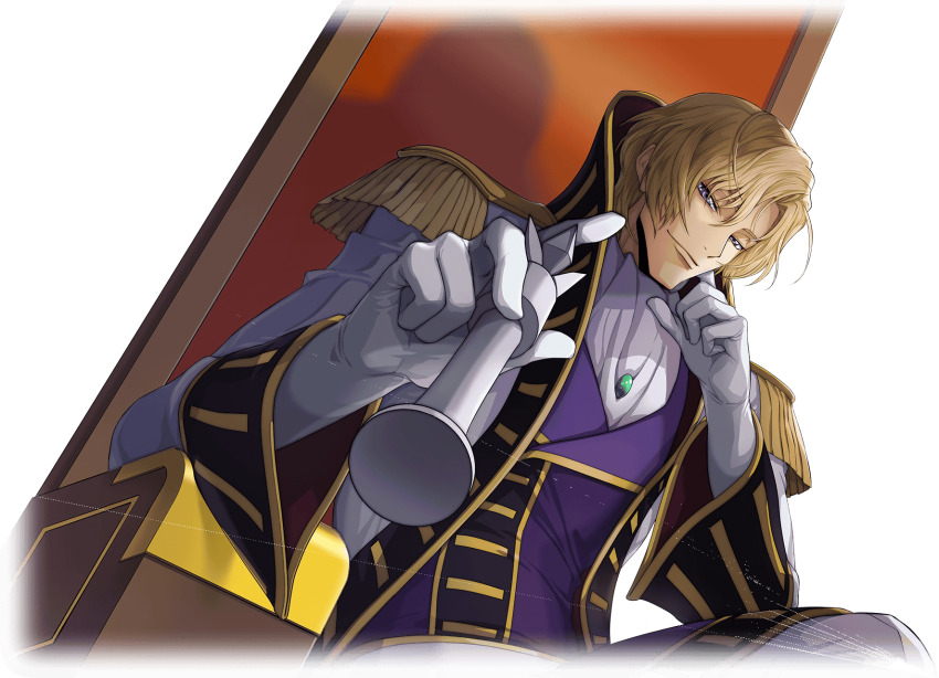 1boy artist_request ascot blonde_hair chair chess_piece closed_mouth coat code_geass code_geass:_lost_stories dutch_angle epaulettes game_cg gem gloves green_gemstone grey_eyes half-closed_eyes hand_on_own_face hands_up happy high_collar highres holding holding_chess_piece jacket king_(chess) long_sleeves looking_at_viewer male_focus non-web_source official_art on_chair open_clothes open_coat playing_games purple_jacket schneizel_el_britannia short_hair sidelocks simple_background sitting smile solo transparent_background upper_body white_ascot white_coat white_gloves