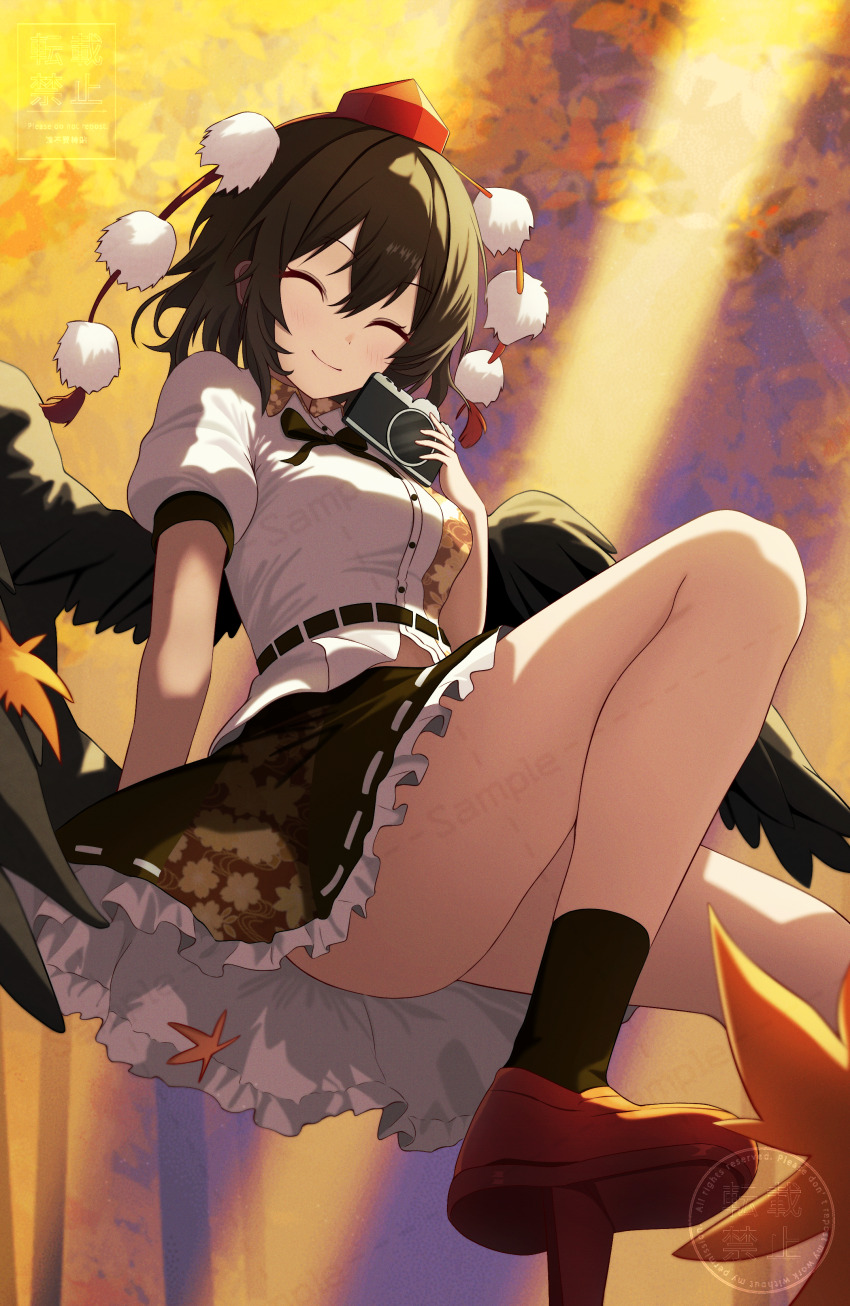1girl ^_^ absurdres autumn_leaves black_bow black_bowtie black_hair black_skirt black_socks black_wings blush bow bowtie breasts camera closed_eyes closed_mouth collared_shirt commentary feathered_wings from_below geta hand_up hat highres holding holding_camera leaf maizumi medium_breasts miniskirt pleated_skirt pom_pom_(clothes) red_hat red_shoes sample_watermark shameimaru_aya shirt shoes short_hair skirt smile socks solo tengu tengu-geta thighs tokin_hat touhou watermark white_shirt wings