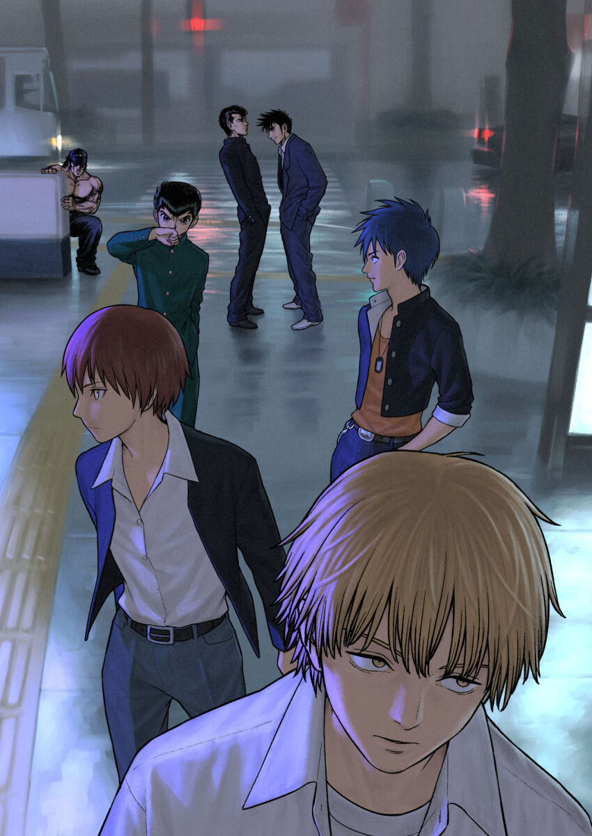 6+boys ansatsu_kyoushitsu black_hair blonde_hair blue_hair brown_hair chainsaw_man character_request commentary_request company_connection copyright_request crossover denji_(chainsaw_man) formal_clothes gakuran highres jacket looking_at_another multiple_boys multiple_crossover open_clothes open_jacket outdoors psyren rokudenashi_blues rustle sakigake!!_otokojuku school_uniform suit topless_male urameshi_yusuke walking weekly_shounen_jump yuu_yuu_hakusho