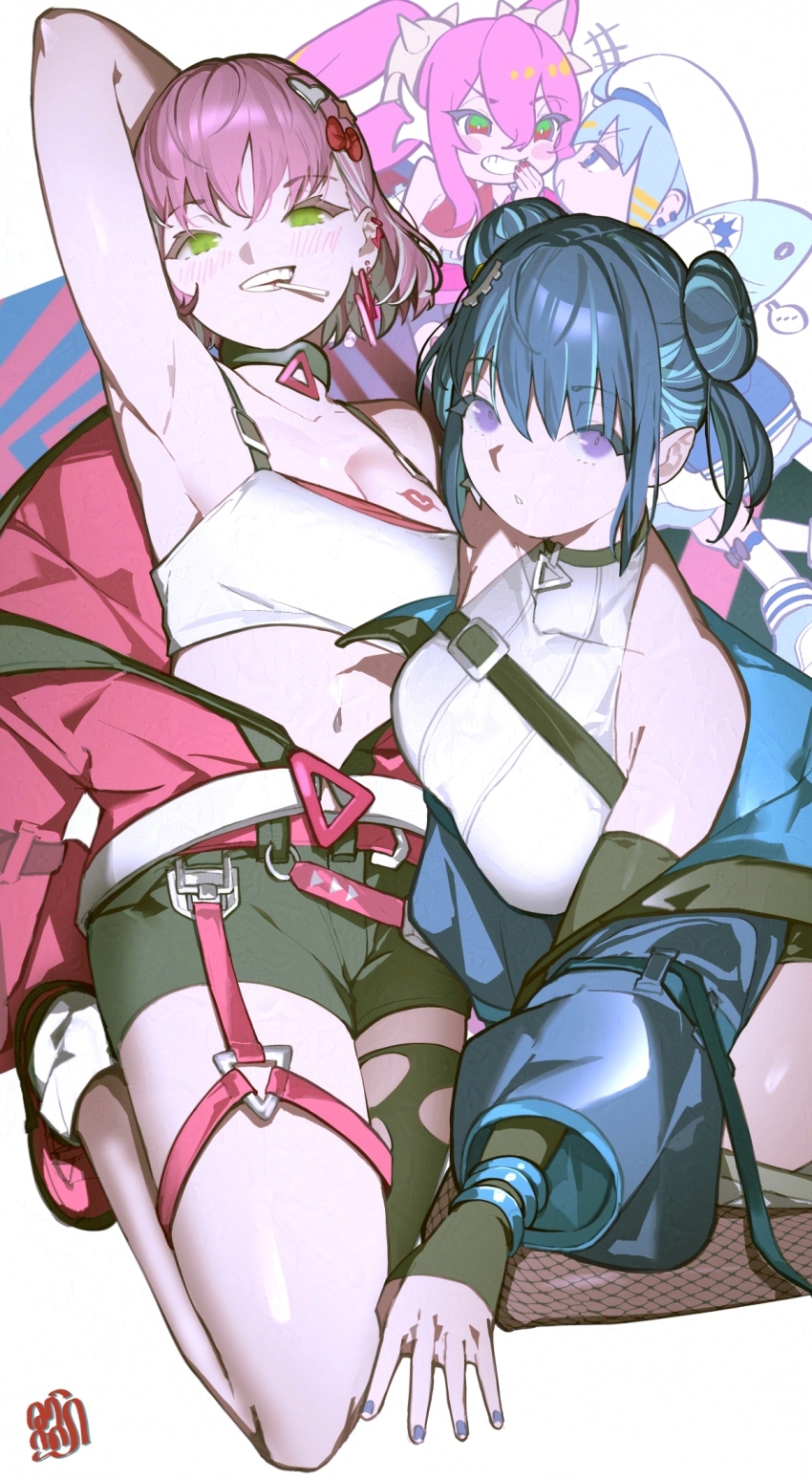 2girls arm_behind_head armpits bare_shoulders black_shorts blue_coat blue_hair breast_tattoo breasts candy cleavage coat double_bun duel_monster earrings evil_twin_ki-sikil evil_twin_lil-la food green_eyes hair_bun highres jacket jewelry ki-sikil_(yu-gi-oh!) large_breasts leotard lil-la_(yu-gi-oh!) lipstick_mark_tattoo live_twin_ki-sikil live_twin_lil-la lollipop long_hair multiple_girls official_alternate_costume pink_hair purple_eyes red_jacket sen-jou short_hair shorts smile strapless tattoo tube_top white_leotard white_tube_top yu-gi-oh!