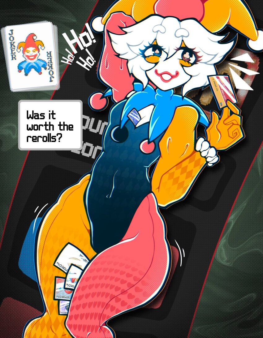 1boy abstract_background balatro between_breasts black_leotard blue_collar bodysuit breasts bulge card card_between_breasts cleavage clown clown_boy club-shaped_pupils collar colored_skin commentary covered_navel english_commentary english_text feet_out_of_frame green_background hair_between_eyes hat highres hosses jester jester_boy jester_cap jimbo_(balatro) leotard looking_at_viewer male_focus mismatched_pupils orange_bodysuit pectoral_cleavage pectorals personification pink_bodysuit playing_card scanlines short_hair solo spade-shaped_pupils trap two-tone_bodysuit white_hair white_skin