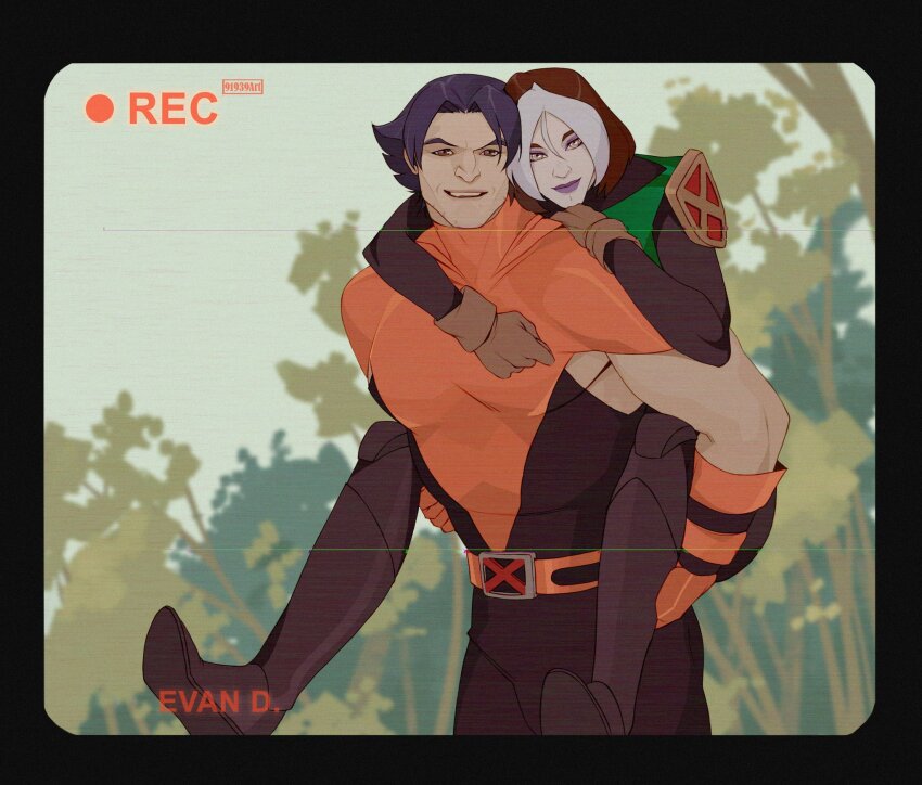 1boy 1girl 91939art bodysuit brown_hair carrying colored_bangs gloves green_bodysuit green_eyes highres looking_at_viewer marvel multicolored_bodysuit multicolored_hair piggyback rogue_(x-men) smile superhero_costume two-tone_hair white_hair wolverine_(x-men) x-men x-men_evolution