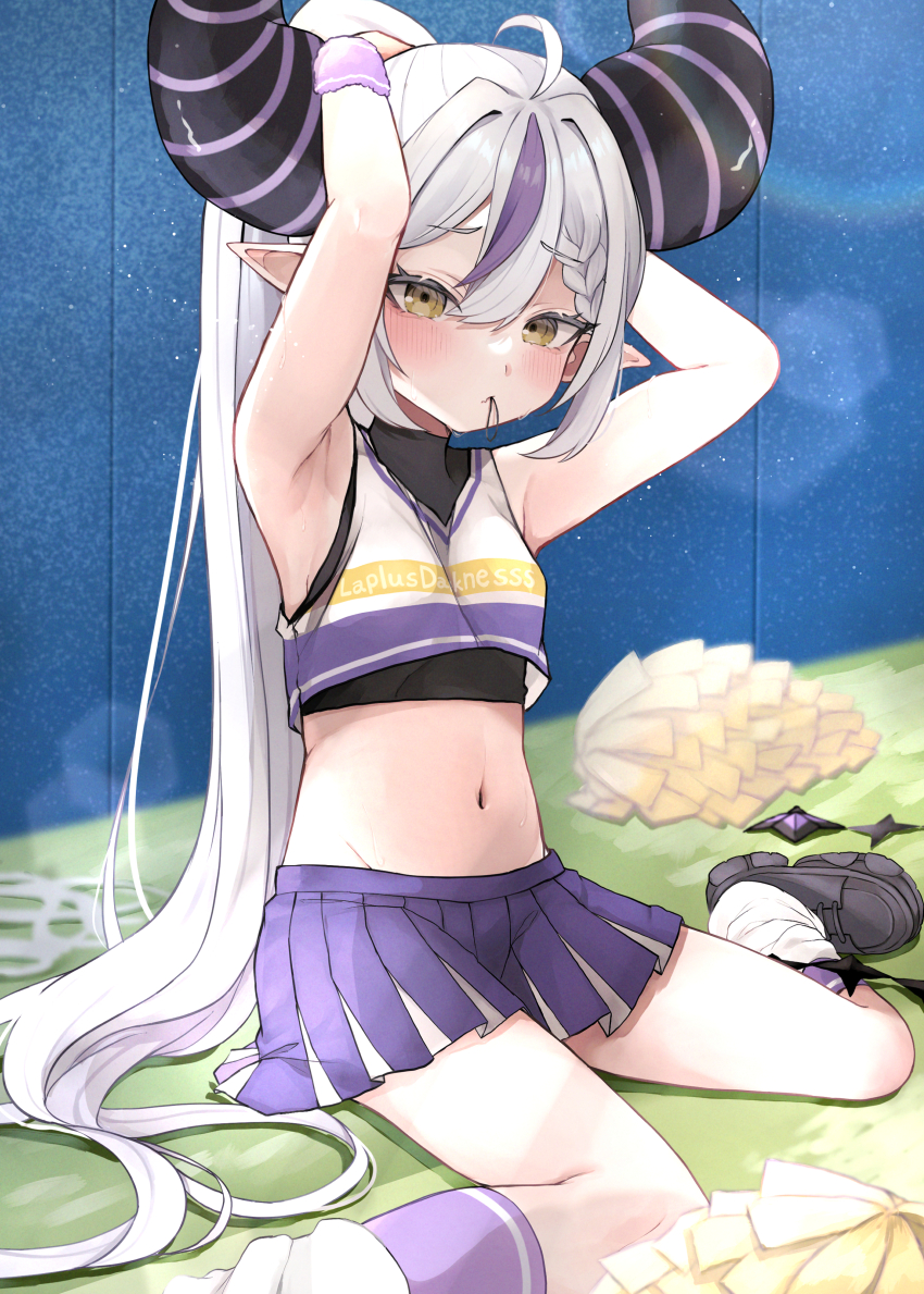 1girl absurdres ahoge alternate_costume alternate_hairstyle armpits arms_up bare_shoulders black_horns black_shoes blush braid braided_bangs breasts character_name cheerleader demon_horns fang grey_hair highres hololive horns la+_darknesss looking_at_viewer multicolored_hair navel nemuta_muu pointy_ears pom_pom_(cheerleading) ponytail purple_hair purple_skirt purple_socks rubber_band shoes sitting skin_fang skirt small_breasts socks solo streaked_hair striped_horns virtual_youtuber wariza