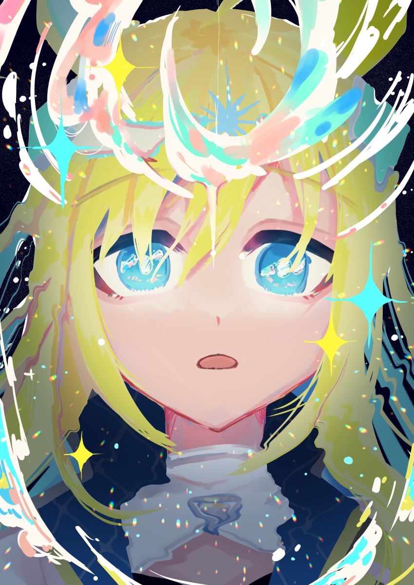1girl absurdres ahoge animal_ears blonde_hair blue_eyes colored_inner_hair distortion highres horse_ears long_hair looking_at_viewer multicolored_hair neo_universe_(umamusume) open_mouth portrait solo sparkle tsukasa_(avdx5538) turtleneck umamusume