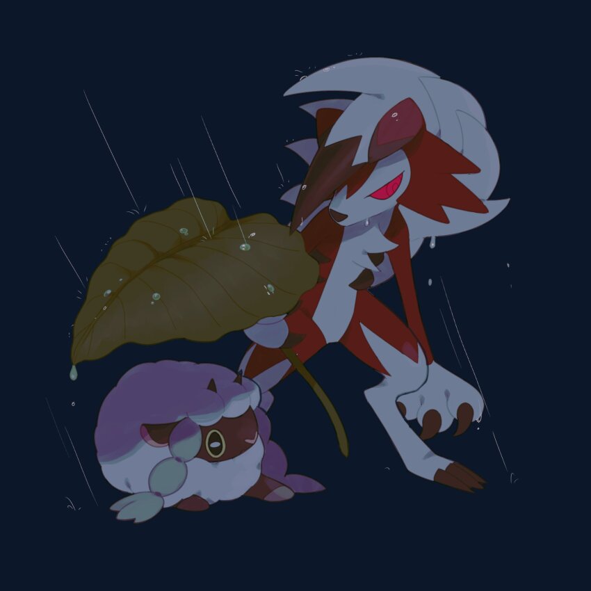 black_eyes blue_background claws colored_sclera furry gen_7_pokemon gen_8_pokemon highres holding horns leaf lycanroc lycanroc_(midnight) nintendo pokemon pokemon_(creature) rain red_eyes red_sclera sidelocks simple_background standing v_(govvvvw) white_hair wooloo yellow_sclera
