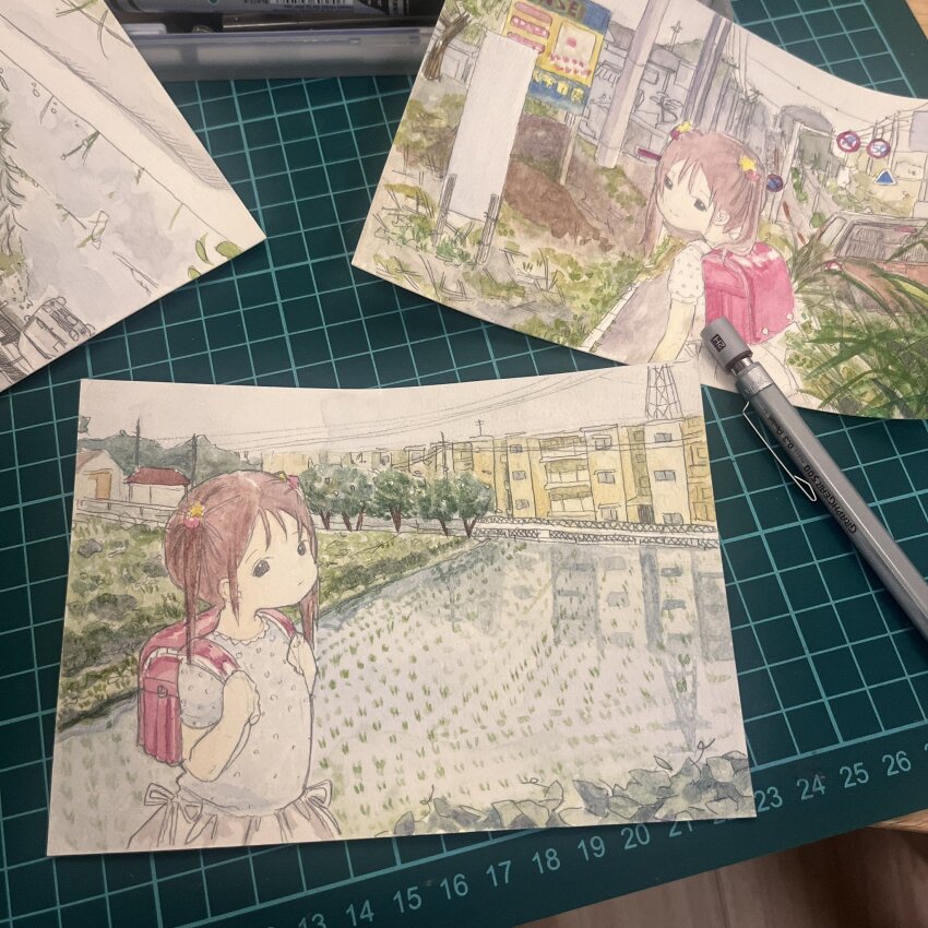 1girl aponikuru_e backpack bag brown_hair chain-link_fence child city dress fence hair_bobbles hair_ornament highres holding_strap multiple_girls original pink_hair pink_shirt randoseru sazanami_(kancolle) shirt short_hair sky tiles twintails