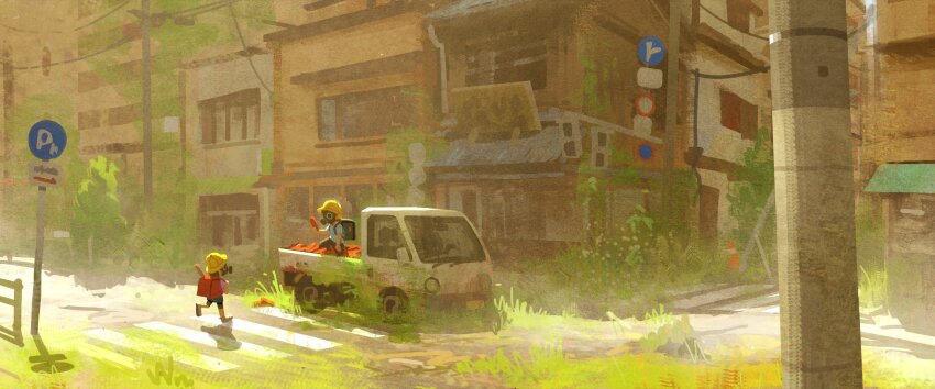 2others abandoned absurdres ambiguous_gender building car child crosswalk day grass highres motor_vehicle multiple_others original outdoors overgrown plant power_lines road road_sign ruins scenery sign standing street truck utility_pole wide_shot yohei_hashizume