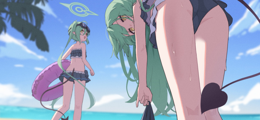 2girls alternate_costume ass bikini bikini_skirt black_bikini blue_archive blue_sky commentary_request day demon_girl demon_tail feet_out_of_frame frilled_bikini frills from_behind goggles goggles_on_head green_halo halo hikari_(blue_archive) innertube leaning_forward looking_at_viewer looking_back millet_pepper multiple_girls nozomi_(blue_archive) ocean outdoors pointy_ears siblings sisters sky standing swim_ring swimsuit tail thighs trefoil twins yellow_eyes