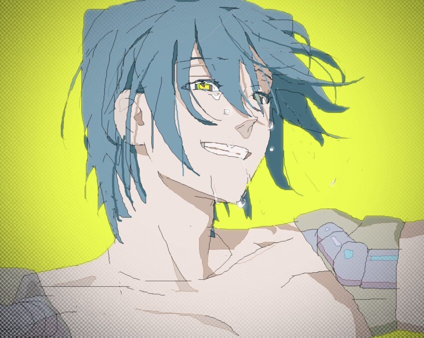 1boy android blue_hair crying crying_with_eyes_open floating_hair grin hair_between_eyes halftone halftone_background highres jaggy_lines joints male_focus microsoft_paint_(medium) original portrait robot_joints sad_smile see-through_body short_hair smile solo tears tkwkai yellow_background yellow_eyes
