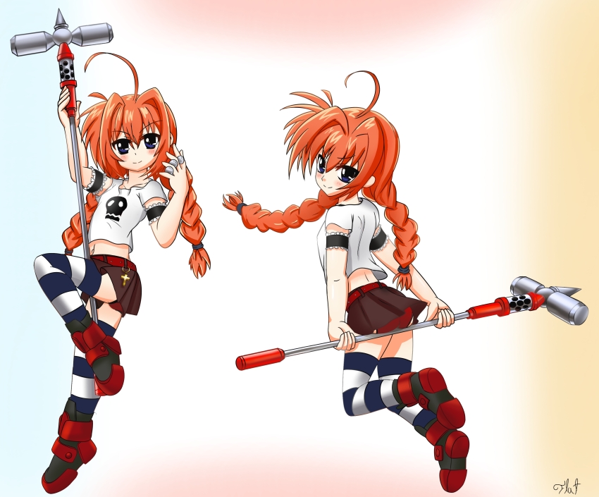 1girl absurdres ass blue_eyes blush braid breasts brown_skirt closed_mouth flatculture graf_eisen highres long_hair looking_at_viewer lyrical_nanoha mahou_shoujo_lyrical_nanoha_a&#039;s mahou_shoujo_lyrical_nanoha_strikers microskirt multiple_views panties pantyshot red_hair red_panties shirt skirt small_breasts smile striped_clothes striped_thighhighs thighhighs twin_braids twintails underwear vita_(nanoha) war_hammer weapon white_shirt