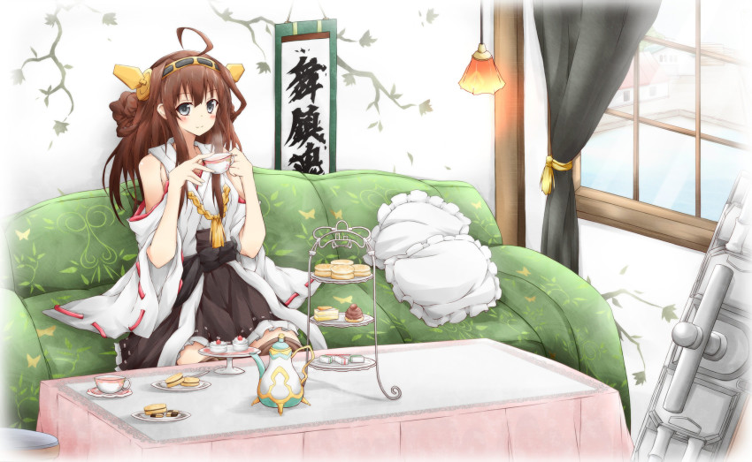10s 1girl ahoge bare_shoulders brown_hair cake checkerboard_cookie cookie couch cup curtains detached_sleeves female_focus floral_print food green_upholstery grey_eyes hair_ornament highres japanese_clothes kantai_collection karamoneeze kongou_(kancolle) long_hair long_sleeves patterned_upholstery personification pillow plate revision sash shirt sign sitting skirt smile solo teacher teacup teapot tiered_serving_stand tiered_tray wide_sleeves window