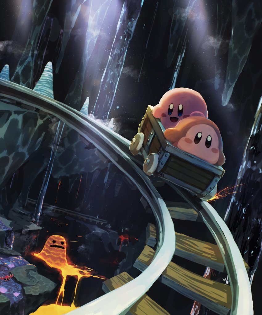 cart cave crab dark fire happy highres kirby kirby_(series) kirby_64 light light_rays minecart lava monster nintendo open_mouth railroad_tracks signature suyasuyabi tongue waddle_dee water waterfall