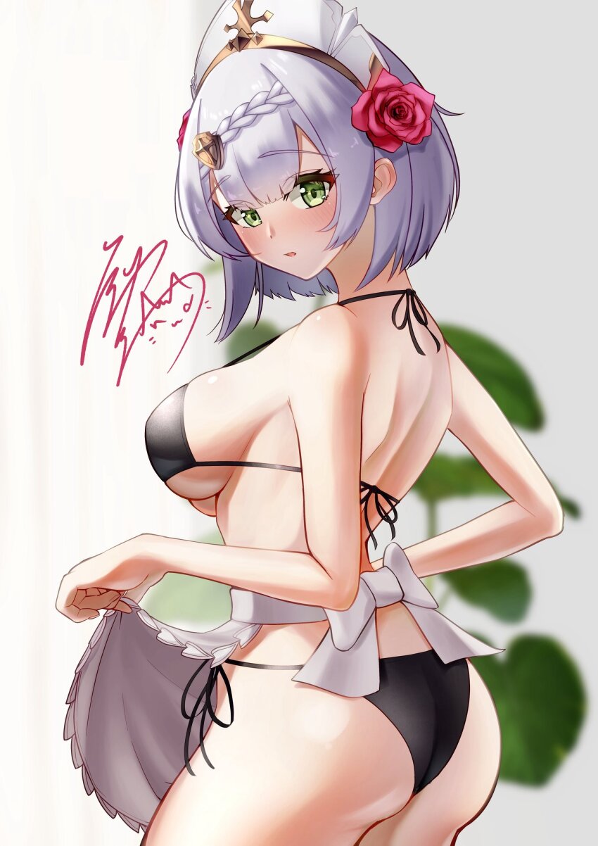 1girl alternate_costume apron apron_lift ass bikini black_bikini blush breasts clothes_lift commentary_request flower from_behind genshin_impact green_eyes grey_hair hair_between_eyes hair_flower hair_ornament highres hiziriamane large_breasts looking_at_viewer looking_to_the_side medium_hair noelle_(genshin_impact) parted_lips red_flower signature solo swimsuit waist_apron white_apron