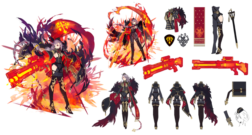 1girl absurdly_long_hair ancient_killers_(phantom_of_the_kill) belt black_hat braid breasts brown_belt reference_sheet cloak da-kuro flag floating_hair from_behind full_body grey_hair gun hat holding holding_flag holding_gun holding_weapon integral_killer_(phantom_of_the_kill) long_hair looking_at_viewer official_alternate_costume official_art phantom_of_the_kill ragnarok_(phantom_of_the_kill) red_eyes second-party_source sheath sheathed sideboob simple_background standard_bearer standing straight-on sword very_long_hair weapon white_background