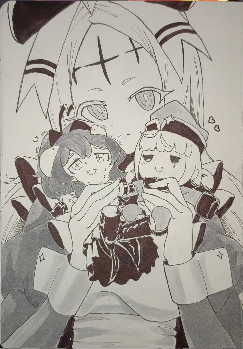 3girls character_doll closed_mouth cross cross_facial_mark doll dress facial_mark forehead_mark greyscale heart highres holding holding_doll large_ribbon leoparde_(mahou_shoujo_ni_akogarete) light_blush light_frown long_hair looking_at_viewer magia_baiser mahou_shoujo_ni_akogarete makotogab monochrome multiple_girls nero_alice pen_(medium) photo_(medium) sweat traditional_media wrist_cuffs