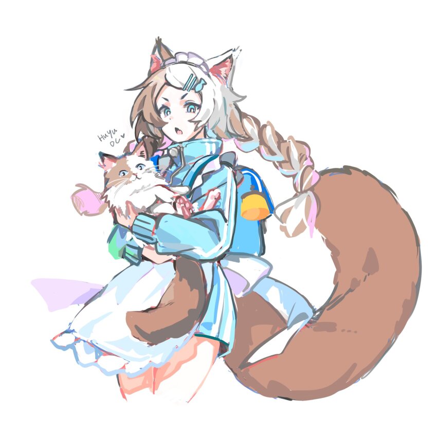 1girl :o animal animal_ears apron backpack bag bangs_pinned_back blue_bag blue_jacket brown_hair cat cat_ears cat_girl commentary cropped_legs english_commentary english_text fish_hair_ornament hair_ornament hairclip highres holding holding_animal holding_cat jacket jersey_maid long_sleeves looking_at_viewer maid maid_headdress multicolored_hair original randoseru simple_background sketch solo track_jacket two-tone_hair unconventional_maid wed_(lim38869577) white_apron white_background white_hair yellow_eyes