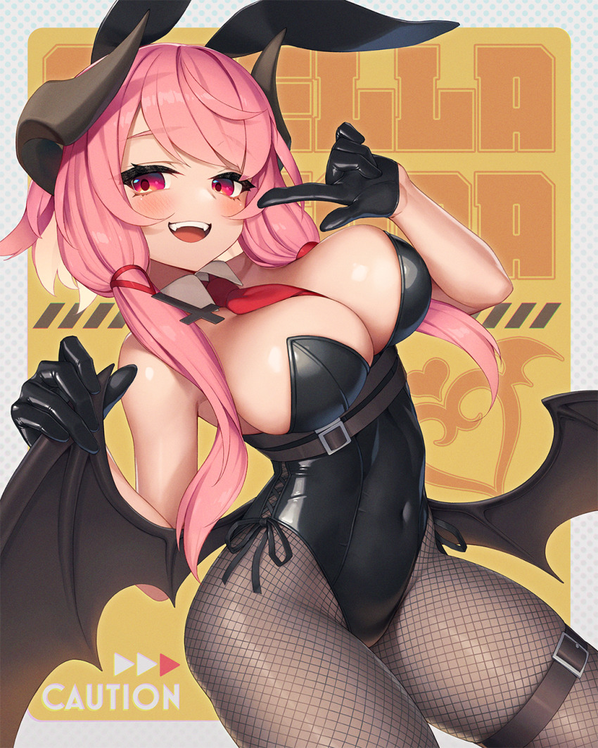 1girl animal_ear_hairband animal_ears belt bernina_(stella_sora) black_gloves black_leotard breasts cleavage covered_navel demon_wings detached_collar fake_animal_ears finger_to_cheek fishnet_pantyhose fishnets forward-facing_horns gloves hairband half_gloves highleg highleg_leotard highres horns large_breasts leotard low_twintails low_wings necktie pantyhose pink_eyes pink_hair playboy_bunny rabbit_ear_hairband rabbit_ears red_necktie rotix smile solo stella_sora strapless strapless_leotard thigh_belt thigh_strap twintails wings