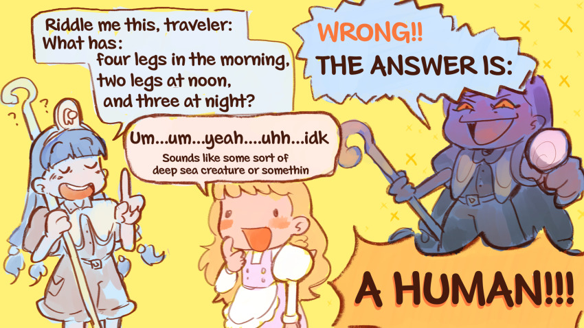 2girls ? among_us apron blonde_hair blue_hair commentary detached_sleeves english_commentary english_text fossilized_wonders highres index_finger_raised kirisame_marisa long_hair michigami_nareko molly_yancey multiple_girls pointing scepter touhou vest waist_apron white_apron