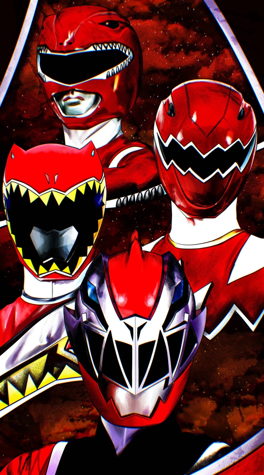 4boys 4ze_meteor abared absurdres assault_visor bakuryuu_sentai_abaranger black_bodysuit bodysuit cloud color_connection commentary cropped_head dinosaur gold_trim helmet highres in-franchise_crossover kishiryu_sentai_ryusoulger kyoryu_red kyouryuu_sentai_zyuranger looking_at_viewer looking_up male_focus mask multicolored_bodysuit multiple_boys portrait red_background red_bodysuit red_clouds red_helmet red_mask red_theme ryusoul_red silver_bodysuit silver_trim sky star_(sky) starry_sky starry_sky_background super_sentai tokusatsu trait_connection tyranno_ranger white_bodysuit white_trim zyuden_sentai_kyoryuger