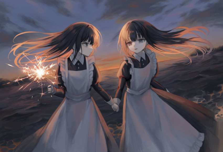 2girls :d absurdres apron backlighting beach black_dress black_hair cloud collared_dress commentary dot_nose dress dutch_angle fireworks floating_hair frilled_apron frills grey_eyes hair_intakes highres holding holding_fireworks holding_hands kkamkkam long_hair long_sleeves looking_at_another maid maid_apron multiple_girls ocean open_mouth original outdoors siblings sidelocks sisters sky smile sparkler standing sunset white_apron white_wrist_cuffs wrist_cuffs