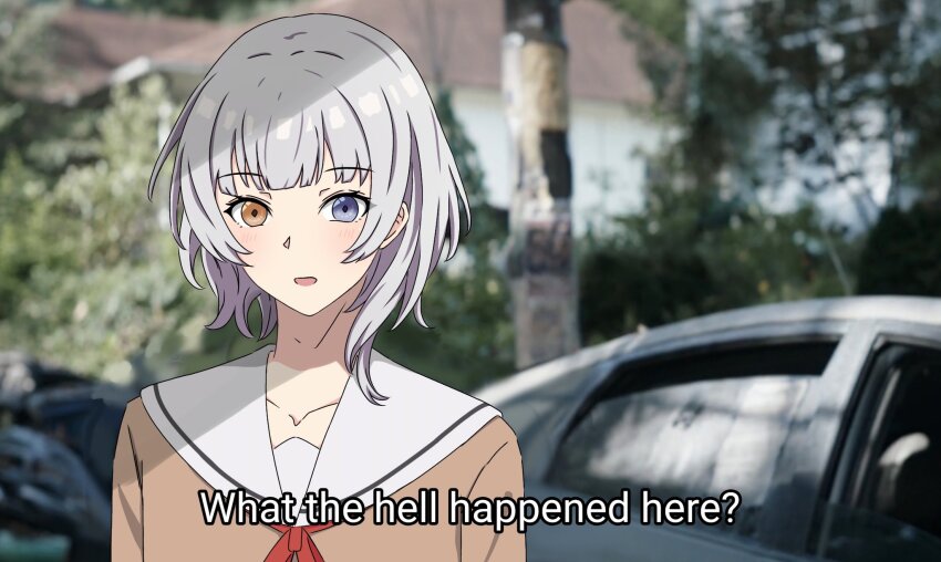 1girl a_whydc bang_dream! bang_dream!_it&#039;s_mygo!!!!! blue_eyes blush brown_shirt commentary hanasakigawa_school_uniform hashtag-only_commentary heterochromia highres kaname_raana neck_ribbon open_mouth photo_background red_ribbon ribbon sailor_collar school_uniform serafuku shirt short_hair solo white_hair white_sailor_collar yellow_eyes