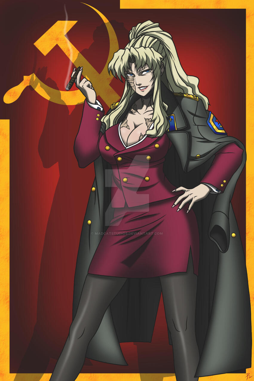1girl absurdres balalaika_(black_lagoon) black_lagoon blonde_hair blue_eyes breasts burn_scar cigar cleavage collarbone hammer_and_sickle highres large_breasts long_hair madcatstudios scar solo