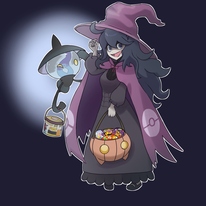 1girl @_@ absurdres black_dress black_footwear black_hair black_nails breasts cape commentary_request cosplay dress gen_5_pokemon halloween halloween_bucket hat hex_maniac_(pokemon) hex_maniac_(pokemon_rse) hex_maniac_(pokemon_rse)_(cosplay) highres lampent long_hair looking_at_viewer messy_hair nintendo open_mouth pokemon pokemon_(creature) pokemon_rse pokemon_xy purple_cape small_breasts solo witch_hat zzz_moresleep