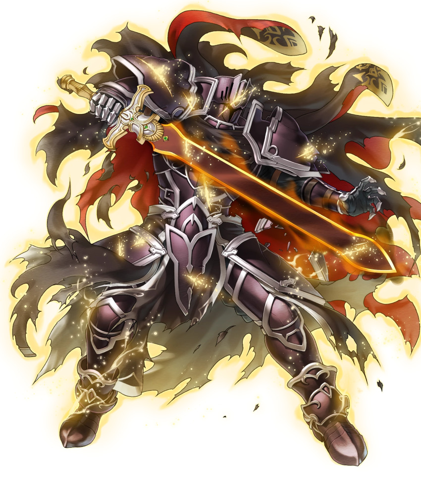 1boy armor aura black_armor black_cape black_knight_(fire_emblem) black_knight_(mortal_legend)_(fire_emblem) cape cracked_armor damaged fire_emblem fire_emblem:_path_of_radiance fire_emblem:_radiant_dawn fire_emblem_heroes full_armor glowing glowing_cracks glowing_sword glowing_weapon greatsword highres holding holding_sword holding_weapon kita_senri nintendo non-web_source official_art red_cape solo sword torn_cape torn_clothes two-sided_cape two-sided_fabric weapon