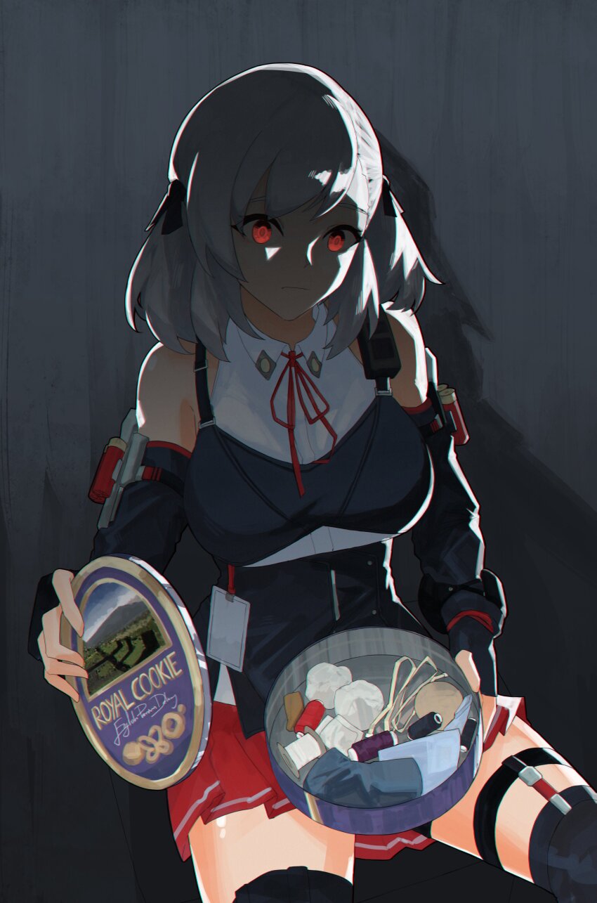 1girl absurdres black_ribbon closed_mouth commentary girls&#039;_frontline girls&#039;_frontline_2:_exilium grey_hair hair_ribbon highres holding medium_hair pleated_skirt red_eyes red_skirt ribbon sabrina_(girls&#039;_frontline_2) shotgun_shell sitting skirt solo spas-12_(girls&#039;_frontline) symbol-only_commentary variasii