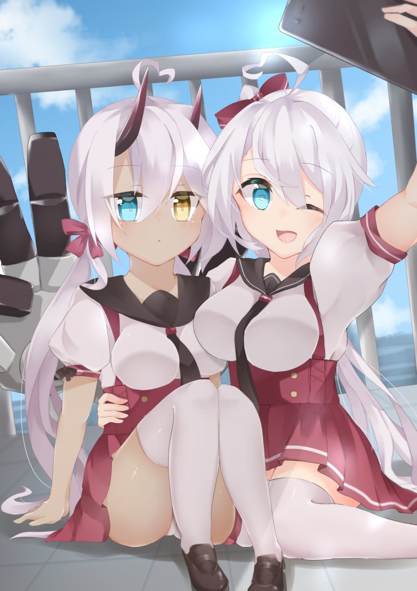 2girls ahoge azur_lane between_breasts black_necktie black_sailor_collar blue_eyes blue_sky blush bow breasts closed_mouth cloud commentary_request dark-skinned_female dark_skin day ebichiri_sunday expressionless full_body hair_bow heart heart-shaped_pupils heart_ahoge heterochromia highres horns indianapolis_(at_school_with_my_sister...)_(azur_lane) indianapolis_(azur_lane) large_breasts long_hair looking_at_viewer medium_breasts miniskirt multiple_girls necktie necktie_between_breasts official_alternate_costume one_eye_closed open_mouth outdoors panties pink_hair pleated_skirt portland_(at_school_with_indy!)_(azur_lane) portland_(azur_lane) puffy_short_sleeves puffy_sleeves railing red_bow red_horns red_skirt sailor_collar school_uniform selfie serafuku shirt short_sleeves siblings side_ponytail sisters skirt sky smile suspender_skirt suspenders symbol-shaped_pupils thighhighs twintails underwear very_long_hair white_hair white_panties white_shirt white_thighhighs yellow_eyes