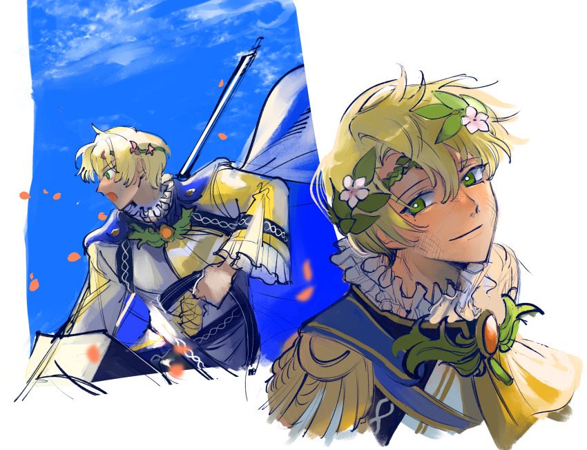 1boy absurdres alfred_(fire_emblem) ascot blonde_hair blue_cape cape circlet fire_emblem fire_emblem_engage green_eyes highres holding holding_polearm holding_weapon long_sleeves looking_at_viewer male_focus mochako_(motyako_1005) nintendo polearm prince short_hair smile weapon yellow_ascot