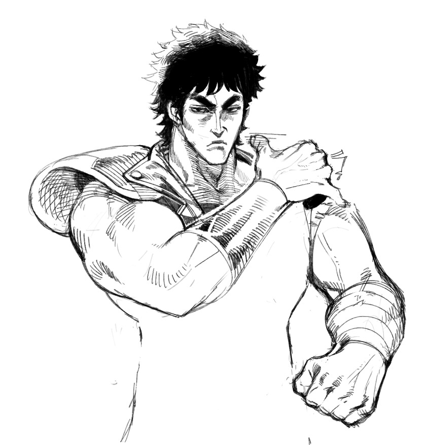 1boy armband bandaged_arm bandages biceps closed_mouth commentary conto cropped_torso english_commentary frown greyscale highres hokuto_no_ken kenshiro looking_at_viewer male_focus monochrome muscular muscular_male short_hair simple_background single_shoulder_pad sketch slit_throat_(gesture) solo spiked_hair thick_eyebrows