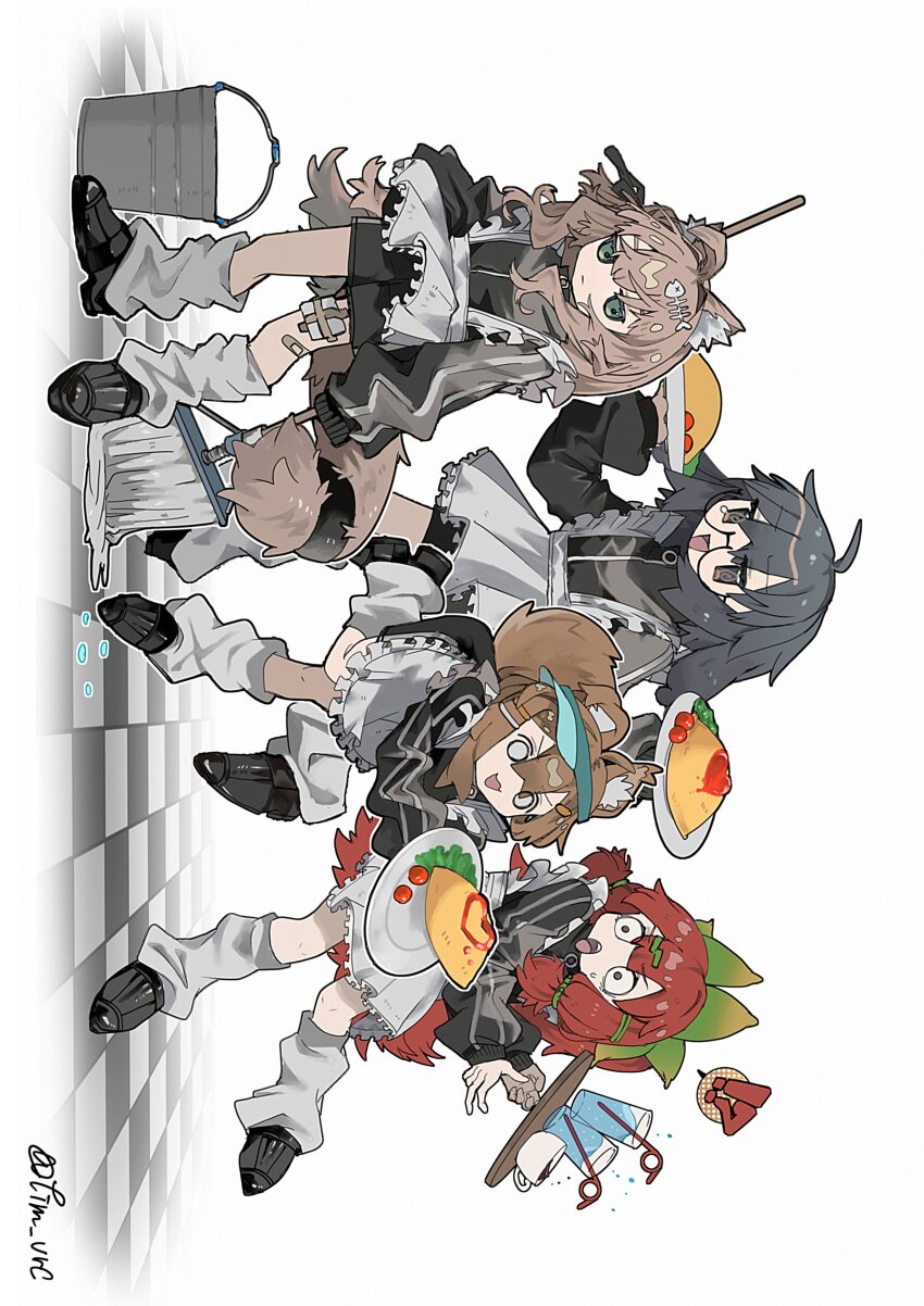 4girls :&lt; :3 :d :o @_@ absurdres ahoge animal_ear_fluff animal_ears antenna_hair apron artist_name bandaged_leg bandages bandaid bandaid_on_cheek bandaid_on_face bandaid_on_head bandaid_on_knee bandaid_on_leg bandaid_on_nose bent_over bike_shorts black_bow black_dress black_eyes black_hair black_jacket black_ribbon black_shirt black_shoes black_shorts black_skirt blush bone_hair_ornament bottle bow braid broom brown_eyes brown_hair bucket cat_ears checkered_floor cleaning closed_mouth crab crossed_bandaids cup dress dropping fang fish_hair_ornament flower food food_art frilled_apron frills fruit full_body gauze glasses green_bow green_eyes grey_eyes grey_hair hair_between_eyes hair_bow hair_bun hair_flower hair_ornament hair_ribbon hairband hairclip highres holding holding_broom holding_bucket holding_food holding_mop holding_plate holding_tray jacket jitome ketchup kipfel_(vrchat) kneehighs ladder leaning_forward leaning_to_the_side leg_warmers loafers long_hair long_sleeves looking_at_viewer loose_socks maid maid_apron maid_day maid_headdress mamehinata medium_hair messy_hair miniskirt mop multiple_girls o_o object_on_head omelet omurice open_mouth partially_unzipped plate puffy_sleeves red-framed_eyewear red_hair ribbon round_eyewear semi-rimless_eyewear shadow shirt shoes short_hair shorts shorts_under_skirt sidelocks sideways signature simple_background skin_fang skirt sleeves_past_fingers sleeves_past_wrists smile socks spill squirrel_ears squirrel_girl squirrel_tail standing stick striped_clothes sweatdrop tail teeth thigh_strap tile_floor tiles timc_vrc track_jacket tray tripping twintails twitter_username unconventional_maid under-rim_eyewear usasaki_(vrchat) v-shaped_eyebrows visor_cap vrchat waist_apron waitress watermark wavy_hair weibo_watermark white_apron white_background white_socks x_hair_ornament zipper zipper_pull_tab